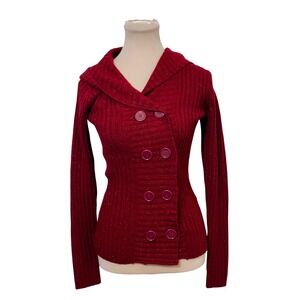 Tomfoolery Women Red Metallic Ribbed Hooded Double Breasted Cardigan Size S